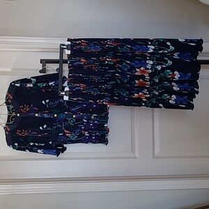 Navy and Floral Two Piece Dress Set Vtg Boutique Size L/XL